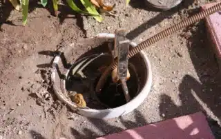 Camera sewer inspections showing what modern inspection technology can detect and what it may miss, illustrated by an open drain with a snake tool in use, highlighting pipe conditions, blockages, cracks, and hidden issues.