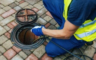 Hydro-jetting equipment blasting high-pressure water through a sewer line to remove grease and debris.