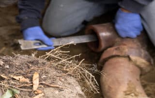 Person repairing outdoor pipe with roots exposed.