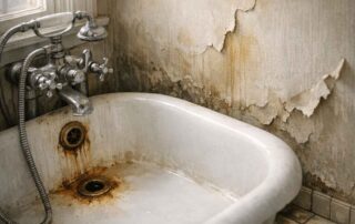 Rust-stained bathtub with peeling, moldy wall