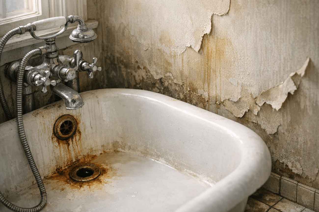 Rust-stained bathtub with peeling, moldy wall