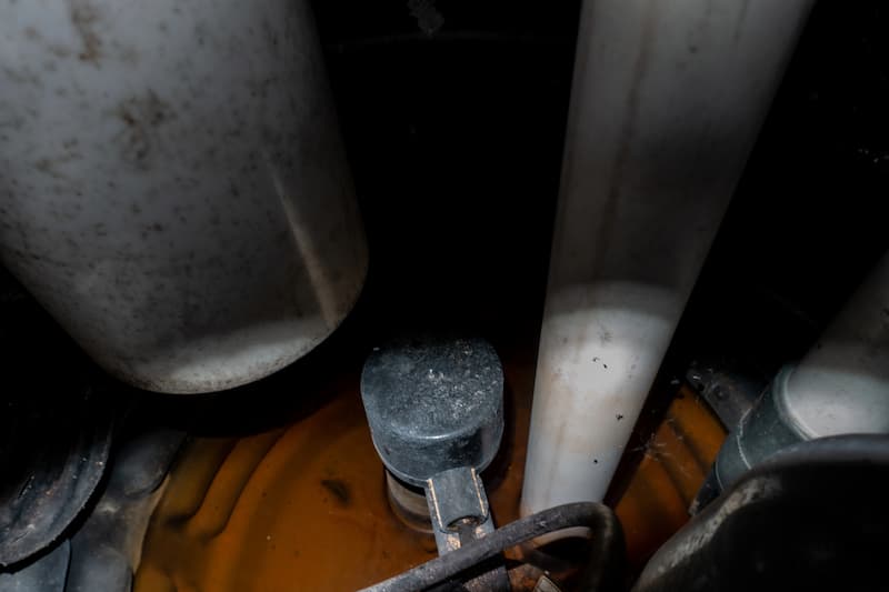 Industrial pipes and equipment with rust and residue.