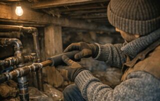 Person insulating basement pipes with foam wrap