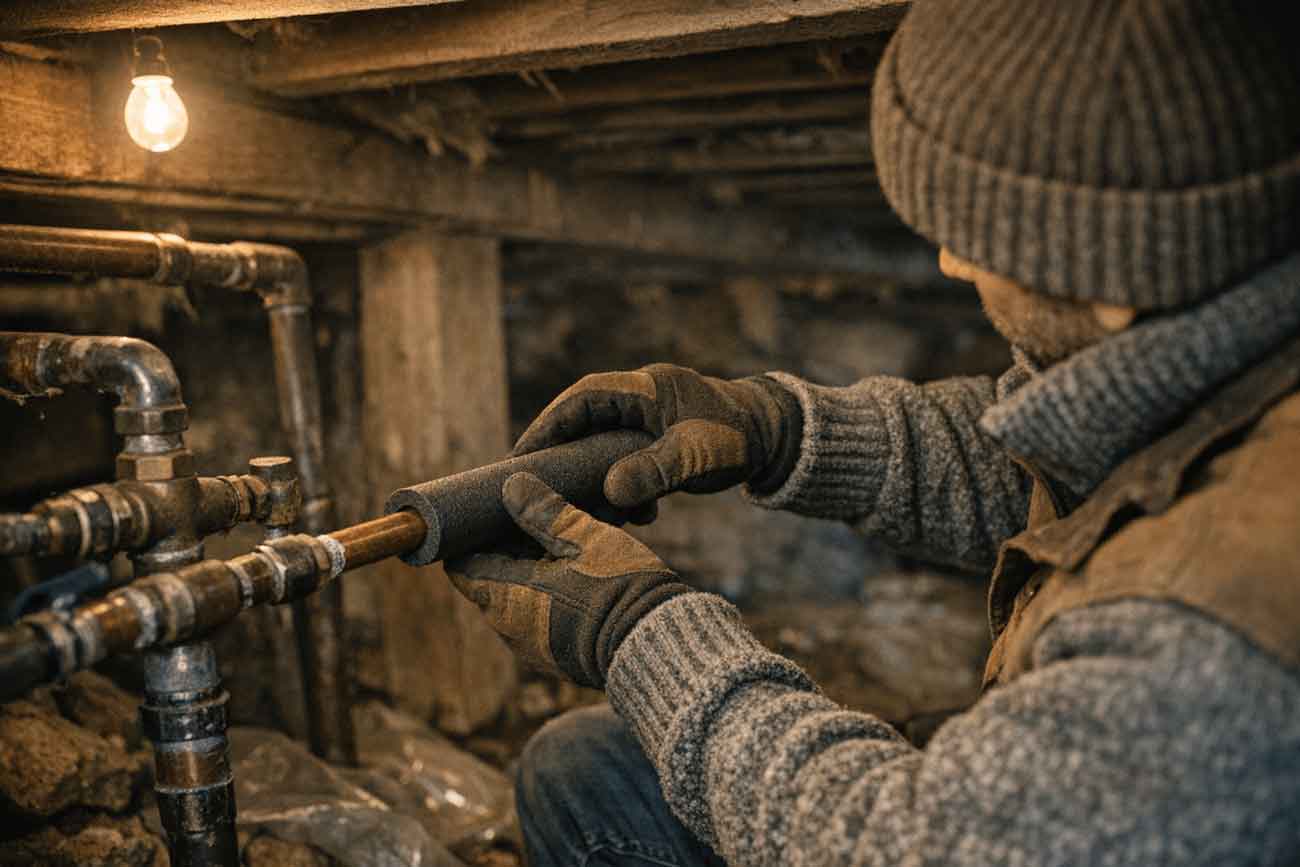 Person insulating basement pipes with foam wrap
