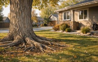Large tree trunk near suburban houses