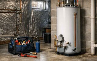 Basement water heater with plumbing tools nearby
